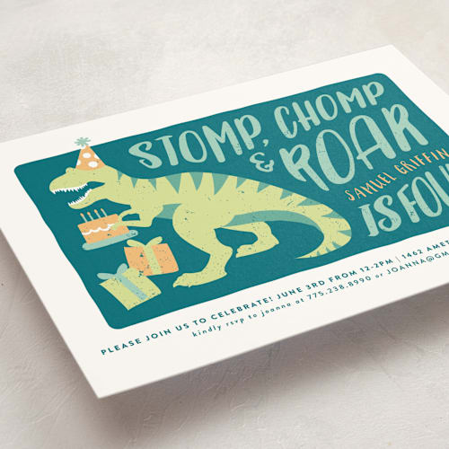 This is a jungle kids birthday invitations with standard by Joanna Griffin called stomp and chomp dino printing on signature in standard