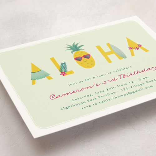 This is a grass kids birthday invitations with standard by Annie Holmquist called aloha printing on signature in standard