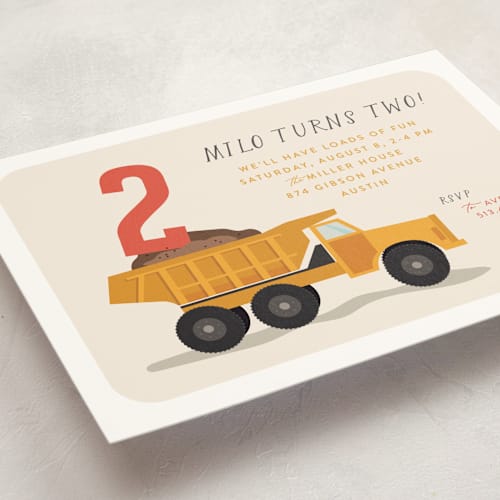 This is a dumptruck kids birthday invitations with standard by Susan Zinader called loads of fun printing on signature in standard