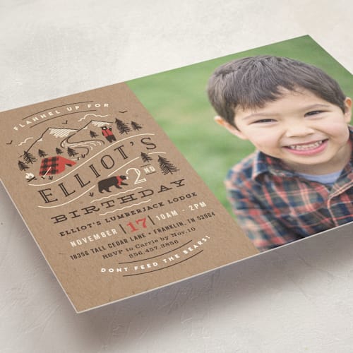 This is a kraft kids birthday invitations with standard by Jennifer Wick called lumber bears printing on signature in standard