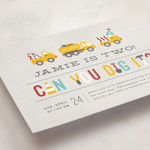 This is a firetruck kids birthday invitations with standard by Michelle Poe called dig it printing on signature in standard