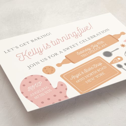This is a blush kids birthday invitations with standard by heythird called fun baking printing on signature in standard