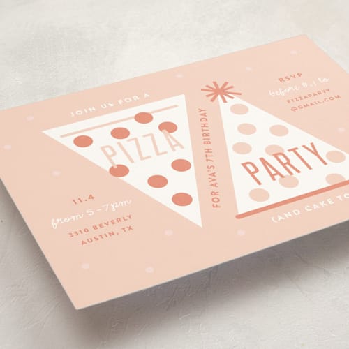 This is a coral kids birthday invitations with standard by Lauren Chism called pizza party hat printing on signature in standard