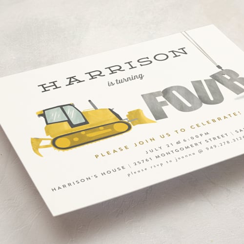 This is a haystack kids birthday invitations with standard by Joanna Griffin called bulldozer bash printing on signature in standard