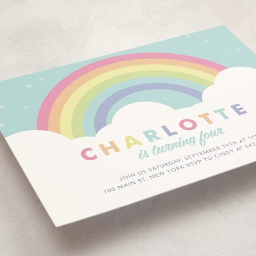 This is a mint kids birthday invitations with standard by Maria Alou called pastel rainbow sparkles printing on signature in standard