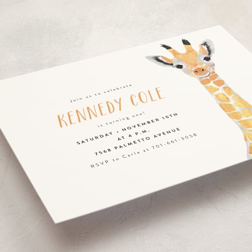 This is a marigold kids birthday invitations with standard by Cass Loh called baby animal giraffe printing on signature in standard