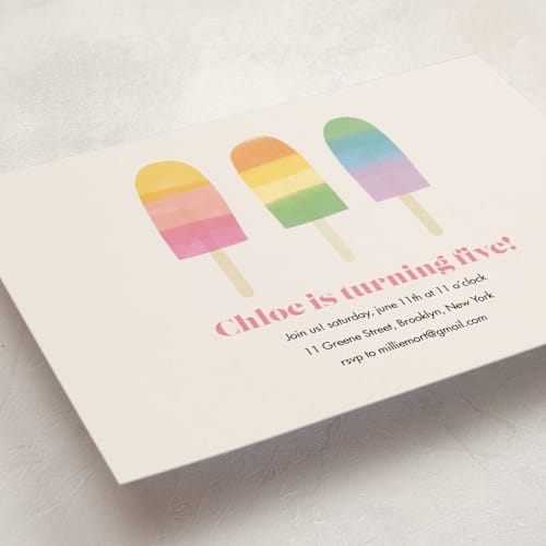 This is a pastel rainbow kids birthday invitations with standard by Lauren Semmer called rainbow popsicles printing on signature in standard