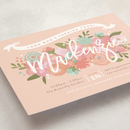 This is a peach kids birthday invitations with standard by Jennifer Wick called blooming peonies printing on signature in standard