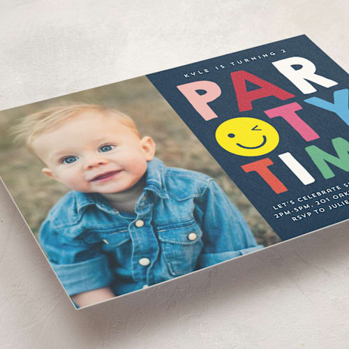 This is a navy kids birthday invitations with standard by Baumbirdy called emoji party printing on signature in standard