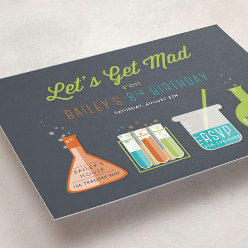 This is a cobblestone kids birthday invitations with standard by Bethany Anderson called mad scientist printing on signature in standard