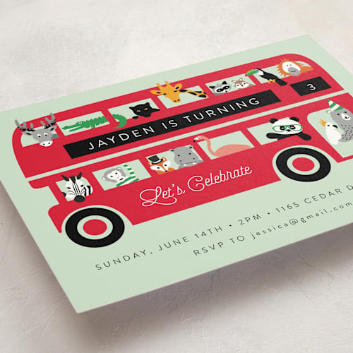This is a mint kids birthday invitations with standard by Kampai Designs called london zoo printing on signature in standard