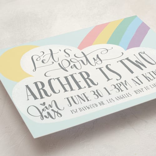 This is a daffodil kids birthday invitations with standard by Leah Bisch called rainbow printing on signature in standard