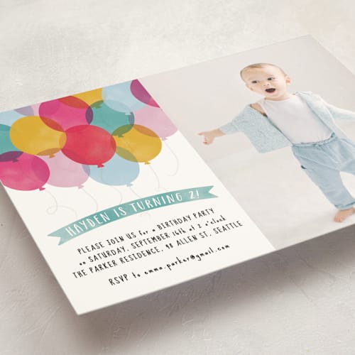 This is a teal kids birthday invitations with standard by Hooray Creative called birthday balloons printing on signature in standard