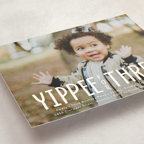 This is a sugar kids birthday invitations with standard by Susan Asbill called yippee for three! printing on signature in standard