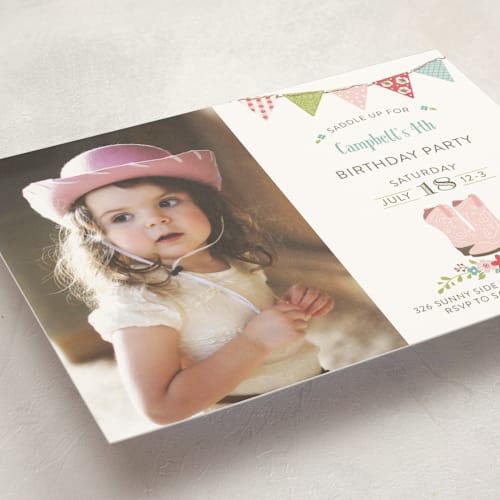 This is a blush kids birthday invitations with standard by Susan Moyal called saddle up! printing on signature in standard