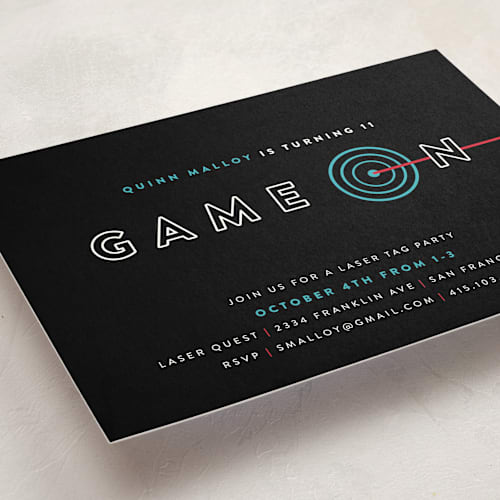 This is a electric blue kids birthday invitations with standard by Melissa Egan of Pistols called laser target printing on signature in standard