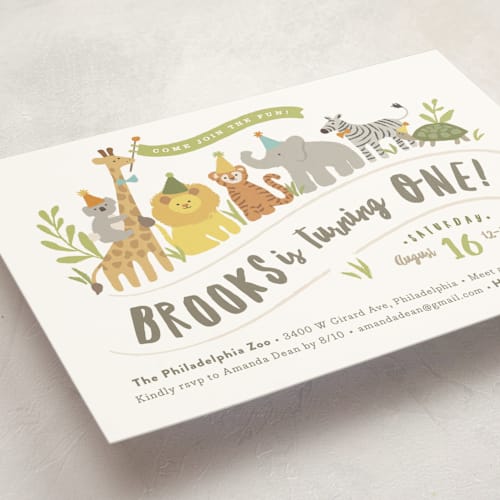 This is a pear kids birthday invitations with standard by Jennifer Wick called animals on parade printing on signature in standard