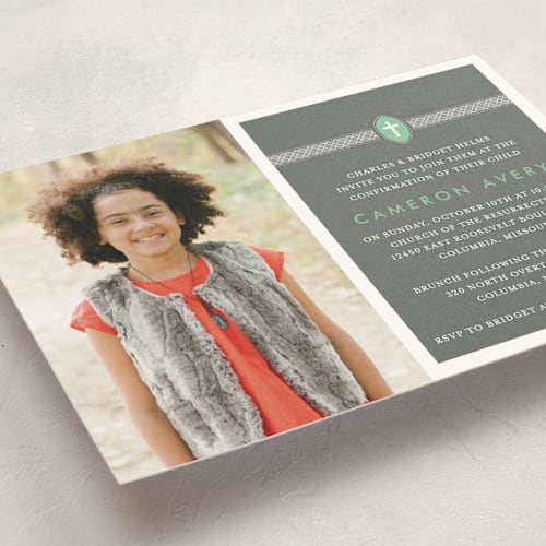 This is a cement confirmation invitations cards with standard by Dish and Spoon called ribbon & cross printing on signature in standard