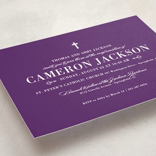 This is a amethyst confirmation invitations cards with standard by Sarah Brown called veracious printing on signature in standard