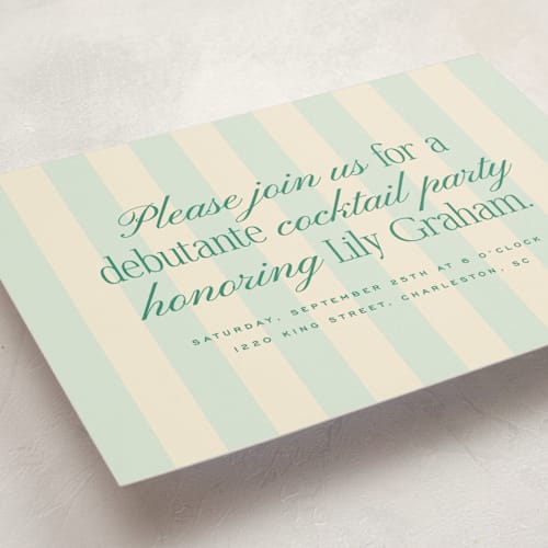 This is a teal debutante party invitations with standard by Ellen Schlegelmilch called debutante stripes printing on signature in standard