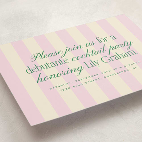 This is a blush debutante party invitations with standard by Ellen Schlegelmilch called debutante stripes printing on signature in standard