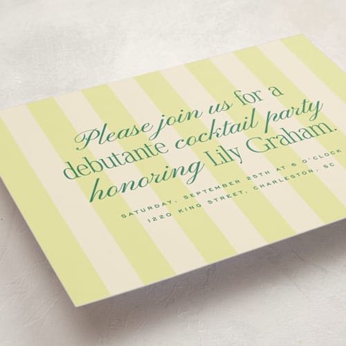 This is a lemon debutante party invitations with standard by Ellen Schlegelmilch called debutante stripes printing on signature in standard