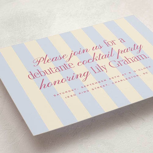 This is a periwinkle debutante party invitations with standard by Ellen Schlegelmilch called debutante stripes printing on signature in standard