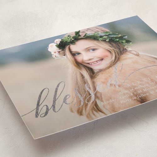 This is a warm grey confirmation invitations cards with foil pressed by Baumbirdy called blessed overlay printing on signature in standard