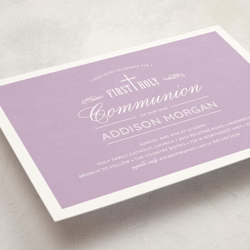 This is a lavender communion invitations announcements with standard by Beth Schneider called stately cross printing on signature in standard