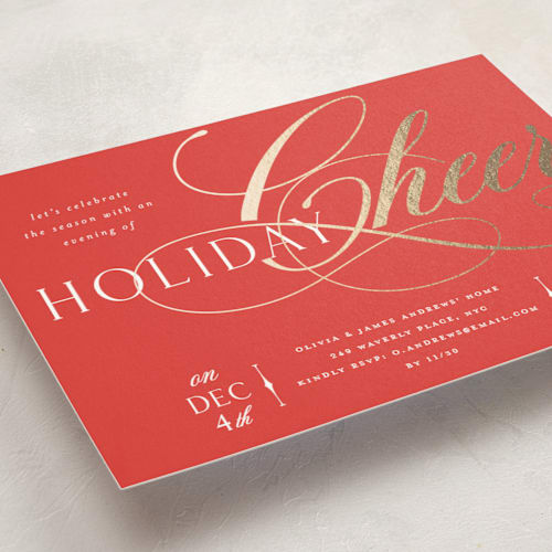 This is a holly berry holiday party invitations with foil pressed by Melanie Kosuge called joy flourish printing on signature in standard