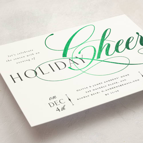 This is a snowfall holiday party invitations with foil pressed by Melanie Kosuge called joy flourish printing on signature in standard