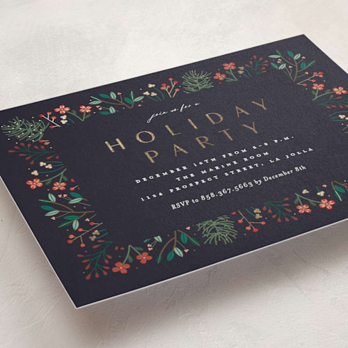 This is a midnight holiday party invitations with foil pressed by Erica Krystek called modern holiday party printing on signature in standard
