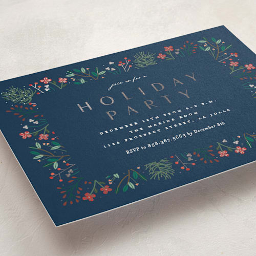 This is a navy holiday party invitations with foil pressed by Erica Krystek called modern holiday party printing on signature in standard