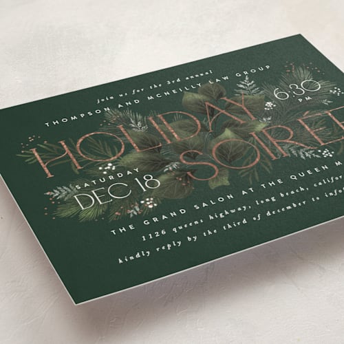 This is a evergreen holiday party invitations with foil pressed by Leah Bisch called tis the season printing on signature in standard