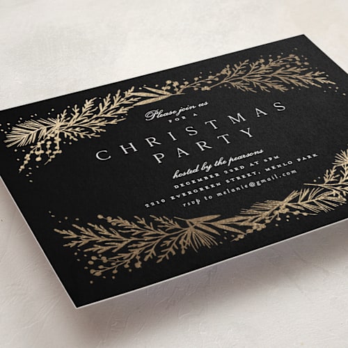 This is a midnight holiday party invitations with foil pressed by Amy Kross called spread cedars printing on signature in standard