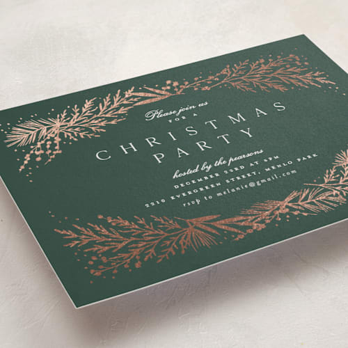 This is a pine holiday party invitations with foil pressed by Amy Kross called spread cedars printing on signature in standard