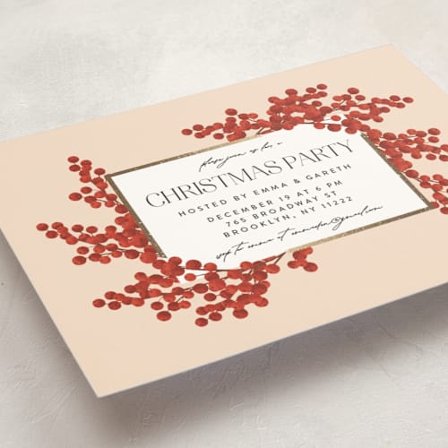This is a blush holiday party invitations with foil pressed by Iveta Angelova called berry party printing on signature in standard
