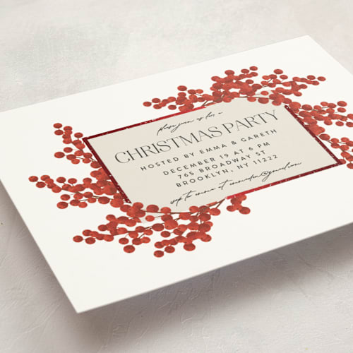 This is a snow holiday party invitations with foil pressed by Iveta Angelova called berry party printing on signature in standard