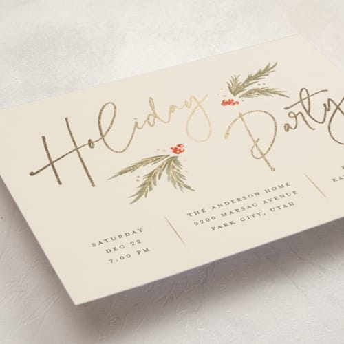 This is a cream holiday party invitations with foil pressed by Robert and Stella called holiday script printing on signature in standard