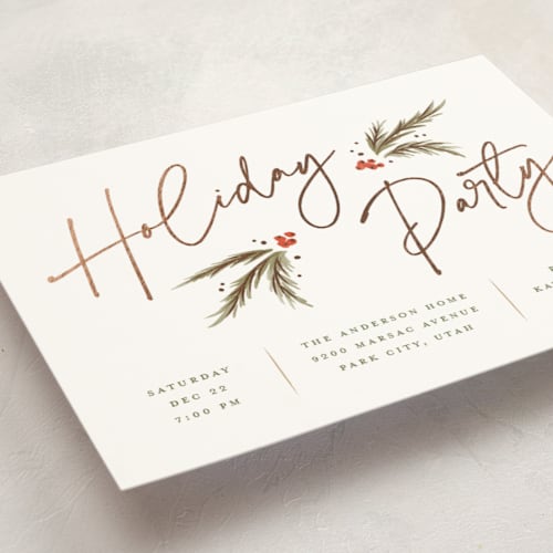 This is a snow holiday party invitations with foil pressed by Robert and Stella called holiday script printing on signature in standard