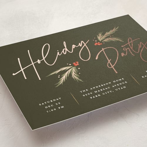 This is a pine holiday party invitations with foil pressed by Robert and Stella called holiday script printing on signature in standard