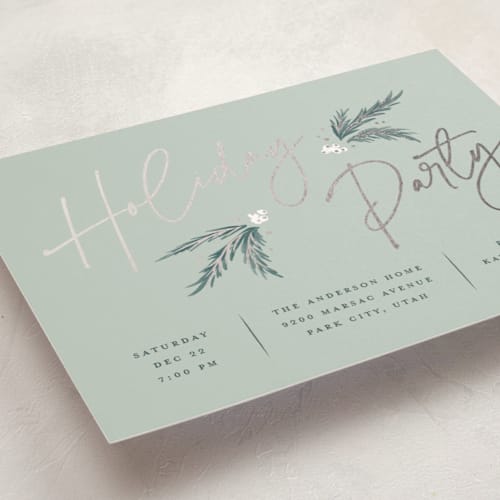 This is a frost holiday party invitations with foil pressed by Robert and Stella called holiday script printing on signature in standard