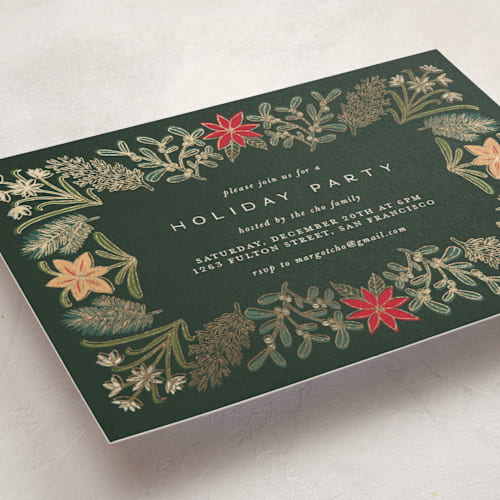 This is a pine holiday party invitations with foil pressed by Amy Kross called paper whites printing on signature in standard