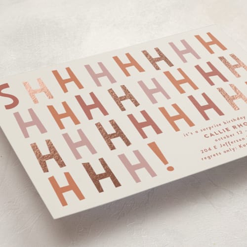 This is a caramel holiday party invitations with foil pressed by Gwen Bedat called shhhhhhhhh printing on signature in standard