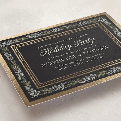 This is a midnight holiday party invitations with foil pressed by Laura Hankins called evergreen frame printing on signature in standard