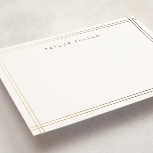 This is a cocoa personalized stationery thank you cards with foil pressed by Lehan Veenker called a golden age printing on signature in 5x7