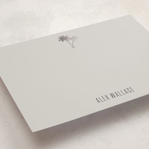 This is a cement personalized stationery thank you cards with foil pressed by carla san roman called gilded palm tree printing on signature in 5x7