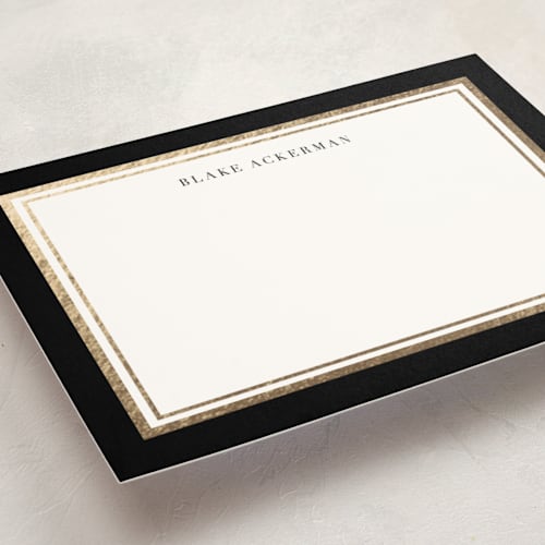 This is a midnight personalized stationery thank you cards with foil pressed by Carrie ONeal called gold notes printing on signature in 5x7