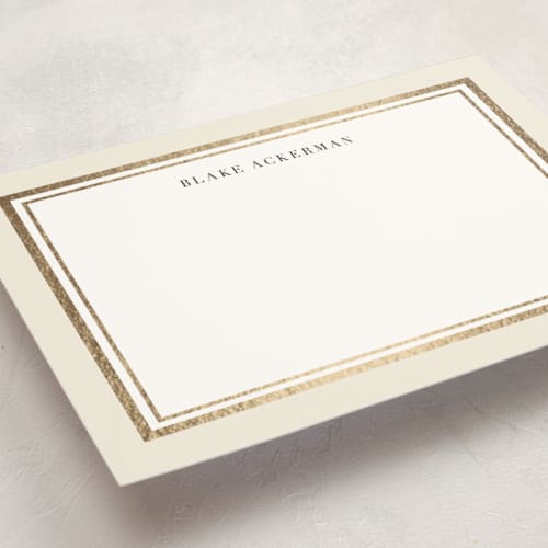 This is a vanilla personalized stationery thank you cards with foil pressed by Carrie ONeal called gold notes printing on signature in 5x7