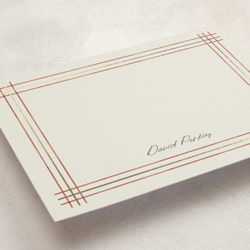 This is a ivory personalized stationery thank you cards with foil pressed by Stacey Meacham called sketched plaid frame printing on signature in 5x7